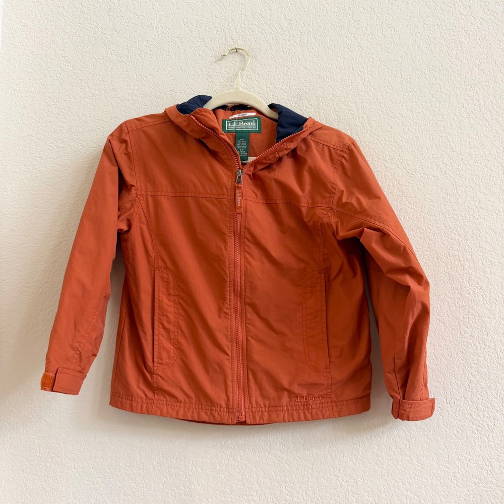LL Bean Kids Small 8 Burnt Orange Hooded Windbreaker Jacket Full Zip Nylon